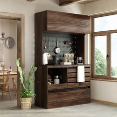 This 47.2"W Kitchen Pantry Cabinet, also functioning as a kitchen hutch sideboard and buffet cabinet, is designed with a rustic brown wood grain finish, offering both style and storage. Measuring 78.7" in height, 47.2" in width, and 18.7" in depth, the unit features a spacious top storage cabinet that opens and closes smoothly with hydraulic rods. The middle section is equipped with a sturdy metal pegboard back, providing versatile organization for kitchenware, while the large worktop offers amp Unfitted Kitchen, Kitchen Hutch, Pantry Storage Cabinet, Kitchen Pantry Storage, Kitchen Pantry Cabinets, Buffet Cabinet, Pantry Storage, Pantry Cabinet, Modern Storage