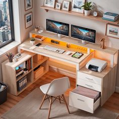 a computer desk with two monitors and a printer in front of a window overlooking the city