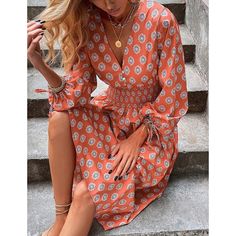 Orange V Neck Long Sleeve Print Midi Dress Mid-length Fall Vacation Dresses, Casual Long Sleeve Maxi Dress For Brunch, Fall Vacation Mid-length Dress, Chic Midi Dress For Beach, Chic Midi Dress For Beach And Fall, Fall Dress With Surplice Neckline For Day Out, Chic Midi Dress For Beach In Fall, Fall Vacation Midi Dress, Chic Orange Long Sleeve Maxi Dress