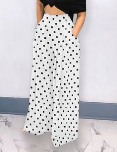 White Polka Dot Wide Leg Bell-bottomed Pants Non-stretch Polka Dot Summer Bottoms, Polka Dot Summer Bottoms With Pockets, Polka Dot Wide Leg Bottoms With Pockets, Casual Wide Leg Polka Dot Pants, Casual Polka Dot Wide Leg Pants, Casual Wide-leg Polka Dot Pants, Spring Polka Dot Bottoms With Pockets, Casual Polka Dot Bottoms For Summer, Casual Polka Dot Summer Bottoms