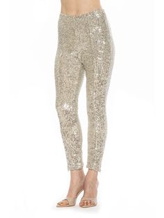 Elevate your wardrobe with our Daena Leggings. Boasting a high waist for a flattering silhouette, and crafted from luxurious stretch material adorned with shimmering sequins, these fitted leggings are the epitome of elegance and sophistication. Perfect for any occasion, they will add a touch of luxury to your look. Embellished Leggings, Silver Leggings, Sequin Pant, Beige Leggings, Sequin Leggings, Suede Leggings, Fringe Skirt, Floral Shoes, Stretch Leggings