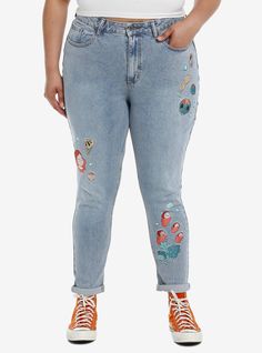 Make a splash this summer with the perfect Ponyo jeans on! Perfect for a boardwalk stroll  these mom jeans feature embroidery of Ponyo  her sisters and other sea life all over both legs  and a back pocket.99% cotton; 1% elastaneWash cold; dry lowImportedModel is 5'10"Model wears size 16 Trendy Embroidered Relaxed Fit Jeans, Embroidered Medium Wash Relaxed Fit Jeans, Trendy Embroidered Mid-rise Jeans, Embroidered Relaxed Fit Denim Jeans, Relaxed Fit Embroidered Denim Jeans, Casual High Rise Embroidered Jeans, Embroidered Light Wash Denim Jeans, Summer Mom Fit Denim Blue Jeans, Denim Blue Mom Fit Jeans For Summer