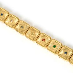 Beautiful and classy, the luxurious Jasper Bracelet will turn heads wherever you go! This vintage bracelet is adorned with an assortment of coloured stones set in beautifully detailed square bands. It will stand out in any stack or is equally elegant worn on its own! 14k Gold plated (1 micron plating) Stainless Steel Base Coloured Zircon Stones Tarnish-Free & Water Resistant Hypoallergenic & Skin-Friendly Lead & Nickel Free E-coating for a premium finish   CARING FOR YOUR AOE JEWELS  At Arms Of Eve, we take great pride in the quality of all our jewels. All of our pieces are suitable for daily wear. Our jewels are 100% nickel and lead free. All our pieces are plated 1 microns thick in 14k Gold, as well as an e-coating for a premium finish.  In order for your jewellery to last as long as pos Elegant Multicolor Rectangular Bracelet, Rectangular Multicolor Bracelet, Jasper Bracelet, Zodiac Gifts, Zodiac Jewelry, Vintage Bracelet, Affordable Jewelry, Vintage Bracelets, Handmade Artisan