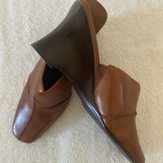 Woman’s Brown Shoes New Never Worn Brown Formal Mules For Spring, Formal Brown Mules For Spring, Brown Spring Formal Mules, Casual Slip-on Synthetic Heels, Comfortable Brown Leather Heels, Brown Slip-on Synthetic Mules, Casual Wedge Heels With Leather Sole, Casual Faux Leather Heels With Cushioned Footbed, Medium Width Synthetic Heels With Leather Footbed