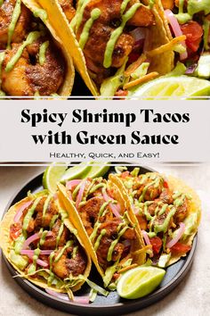 spicy shrimp tacos with green sauce and avocado on a black plate next to lime wedges