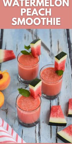 watermelon peach smoothie in glasses with slices of watermelon on top