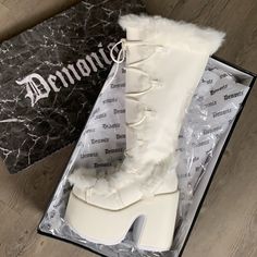 Only One Pair Sz 7 Left! 5" (12.7cm) Platform Goth Punk Gogo Faux Fur Lining And Upper Detail Knee Boot, Full Inner Side Zipper Demonia Camel 311, Rave Boots, Demonia Platforms, Transparent Boots, Goth Platforms, Pink Platform Heels, Demonia Boots, White Goth, Goth Boots