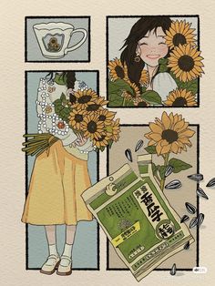 a woman holding sunflowers in front of three pictures with tea bags on them