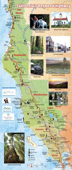 the california redwood highway map is shown with pictures and information for all of it's locations