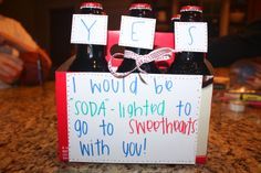 two soda bottles in a box that says yes, i would be soda - lighted to go to sweethearts with you