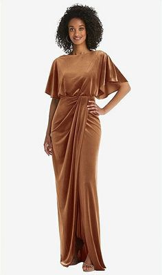 Flutter Sleeve Open-back Velvet Maxi Bridesmaid Dress With Draped Wrap Skirt In Golden Almond | The Dessy Group Classic Glamour, After Six, Velvet Maxi, Velvet Maxi Dress, Plus Size Formal Dresses, Maxi Bridesmaid Dresses, Infinity Dress, Wedding Attire Guest, Designer Drapes