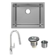 a stainless steel kitchen sink and faucet with strainer, strainer basket, drain