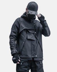 Japanese Techwear Jacket Winter Techwear Utility Jacket With Adjustable Hood, Black Cyberpunk Outerwear With Detachable Hood, Black Techwear Outerwear For Cosplay, Techwear Long Sleeve Outerwear For Cosplay, Techwear Stand Collar Windbreaker For Outdoor, Winter Techwear Windbreaker With Stand Collar, Long Sleeve Techwear Outerwear For Cosplay, Winter Techwear Outerwear For Cosplay, Long Sleeve Techwear For Cosplay