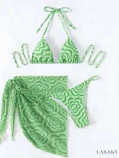 Lasaky - Womens Green Floral Print Halter 3 Piece Swimsuit Set with V String Bikini, Tie Back, and Mesh Wrap Skirt - Stylish Swimwear and Clothing Green Fitted Sets For Vacation, Fitted Green Beach Sets, Green Fitted Sets For Beach Season, Fitted Green Sets For Beach Season, Summer Triangle Top Sets, Green Fitted Beachwear Sets, Fitted Printed Beachwear Sets, Fitted Green Summer Sets, Beach Green Floral Print Sets