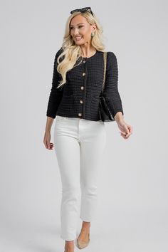 Elevate your wardrobe with this chic cardigan. Textured black trimmed gold buttons down the front give you the option to wear it open or closed. Patch pockets complete the look. Chic Button-up Cardigan With Pockets, Chic Business Casual Cardigan With Buttons, Chic Cardigan For Business Casual With Buttons, Spring Cardigan With Button Closure For Office, Spring Office Cardigan With Button Closure, Chic Button-up Business Casual Cardigan, Chic Button-up Cardigan For Business Casual, Spring Office Cardigan With Buttons, Elegant Cotton Cardigan With Buttons