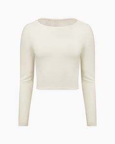 Off White Long Sleeve Tops With Thumbholes, Long Sleeve Tops With Thumbholes And Minimal Stretch, White Cropped Hem Tops For Fall, White Stretch Cropped Sweater, Long Sleeve Seamless Soft Stretch Top, Cropped Tops With Thumbholes For Loungewear, Soft Stretch Seamless Long Sleeve Tops, Seamless Soft Stretch Long Sleeve Tops, White Tops With Thumbholes For Loungewear