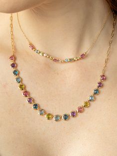 5mm clear topaz, emerald, opal, spinel, or multicolor Necklace measures 19" long including extender, length is adjustable Chain links measure 6.1 x 2.6mm Emerald carat weight 9.09 TCW Fastens with a lobster clasp Stones measure 5mm 14K yellow gold Spinel gemstone necklace is one of a kind and each gemstone may appear different from image shown Spinel Necklace Design, Gemstone Gold Necklace, Stone Necklace Designs, Fine Jewelry Necklace, Gems Necklace, Spinel Necklace, Spinel Jewelry, Multicolor Necklace, Antique Necklaces Design