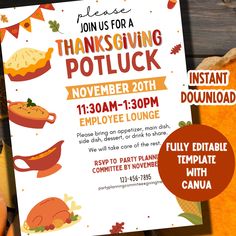 a thanksgiving potluck party flyer is shown with pumpkins and pies on it