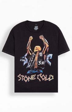 a black stone cold t - shirt with an image of a man holding two hands up