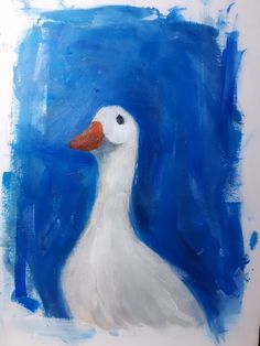 a painting of a white duck on a blue background