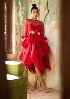 Varun Bahl-Scarlet Red Corsage Cape And Skirt Set-INDIASPOPUP.COM Red Corsage, Red Corsages, Varun Bahl, Flowers And Feathers, Cape Set, Blouse Yoke, Red Cape, Flower Corsage, Draped Skirt