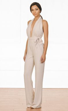 Indie XO All Natural Beige Sleeveless Plunge V Neck Halter Tie Belt Backless Jumpsuit Elegant Strapless V-neck Jumpsuit For Night Out, Backless Strapless Jumpsuit For Summer Formal, Summer Formal Backless Strapless Jumpsuit, Elegant Halter Neck Jumpsuits And Rompers For Formal Occasions, Elegant Formal Halter Neck Jumpsuits And Rompers, Elegant Formal Halter Neck Jumpsuits, Chic Strapless Backless Jumpsuit For Formal Occasions, Chic Strapless Backless Jumpsuit For Formal Events, Chic Formal Strapless Backless Jumpsuit