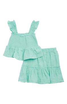 Smocked detailing adds sun-ready style to this all-cotton set that pairs a fluttery sleeve top with a matching skirt. Includes top and skirt 100% cotton Machine wash, tumble dry Imported Kids Smock, Curious Kids, Top Skirt Set, Kids Set, Top And Skirt, Cotton Set, Jersey Top, Cotton Top, Cotton Tops