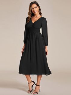 Chiffon V-Neck Long Sleeves Elastic Band Midi Wedding Guest Dress #color_Black Midi Wedding Guest Dress, Chiffon Long Sleeve, Long Sleeve Midi, Draped Fabric, Chiffon Fabric, Guest Dresses, Special Occasion Dresses, Cocktail Party, Special Event