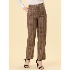 These pants are essential for dressing up or down. Lightweight fabric, covered in a plaid pattern, shapes these trendy trousers with a high-rise fit. How it is a bit high waist and how it gathers at the waist adding shape to the body. You may love everything about these trousers, from their regular fit to the elastic high-waist, which could double as a hiding mechanism for women with love handles. Style these trousers with a crop top and heels for the ultimate look. This fashionable and trendy c Plaid Pants Women, Trendy Trouser, Trouser Pocket, Pants Elastic Waist, Pants Brown, Long Trousers, Plaid Pants, Casual Work, Plaid Christmas