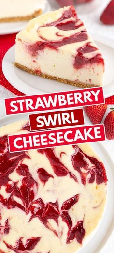 two slices of strawberry swirl cheesecake on white plates