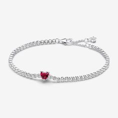 Go for timeless style with a pop of colour with the Red Sparkling Heart Tennis Bracelet. One heart-shaped red man-made crystal forms the center of this sterling silver tennis bracelet. Adjustable and dynamic, the rest of the bracelet features clear sparkling bead-set stones. One sparkling stone dangles from the end of the clasp. With its delicate heart motif, this Pandora heart tennis bracelet is a sweet gift for the one you love. - Pandora Red Sparkling Heart Tennis Bracelet - Sterling silver / Pandora Red Heart Set, Fine Jewelry Heart Bracelet In Cubic Zirconia, Fine Jewelry Heart-shaped Cubic Zirconia Bracelet, Classic Heart Cut Bracelet For Gift, Heart-shaped Cubic Zirconia Fine Jewelry Bracelet, Elegant Heart Beads Bracelet, Valentine's Day Heart Bracelet In Cubic Zirconia, Valentine's Day Heart Bracelet With Cubic Zirconia, Red Heart Charm Fine Jewelry