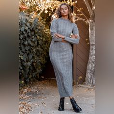 New With Tags Blissfully Cozy Grey Cable Knit Mock Neck Midi Dress Size Medium Sold Out Style Lulus Exclusive! There's Really Nothing Better Than Stepping Out In The Lulus Blissfully Cozy Grey Cable Knit Mock Neck Midi Dress! Medium-Weight, Stretchy Cable Knit Shapes This Soft And Comfy Dress With A Diamond Pattern Throughout, A Mock Neckline, And A Figure-Skimming Silhouette That Ends At A Midi Length Hem. Long Sleeves Have Fitted Cuffs. Ribbed Knit At Neckline, Cuffs, And Hem. Gray Midi-length Sweater Dress For Fall, Fitted Gray Sweater Dress For Fall, Mock Neck Midi Dress, Grey Knit Dress, Cable Knit Dress, Cable Knit Sweater Dress, Casual Outwear, Sweater Maxi Dress, Comfy Dress