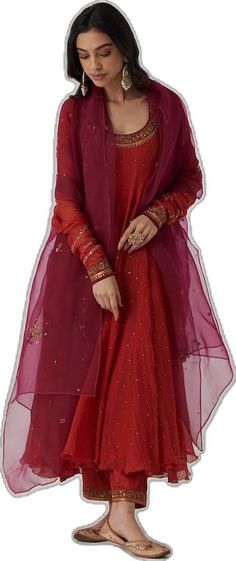 Red Long Traditional Wear With Dabka Work, Red Bollywood Long Churidar, Red Bollywood Style Long Churidar, Red Georgette Churidar With Dabka, Long Sleeve Dabka Sharara For Festive Occasions, Festive Long Sleeve Dabka Sharara, Red Anarkali Churidar With Dabka, Festive Long Red Churidar, Long Sleeve Anarkali Set For Eid Festive