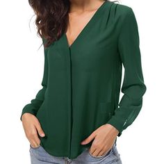 Greens Blouse, New V-neck Tops For Office Wear In Fall, V-neck Office Tops For Fall, Trendy V-neck Top For Office Wear, Spring Solid Color Blouse For Work, Versatile Blouse For Spring, Versatile Spring Blouse In Solid Color, Trendy Solid Color Office Tops, Trendy V-neck Blouse For Office Wear, Solid Color Tops For Office In Fall