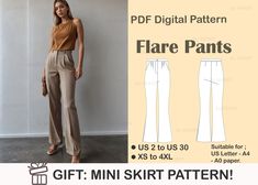 a woman standing in front of a wall wearing flare pants and a tan top with the words, pdf digital pattern