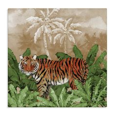 a tiger in the jungle with palm trees