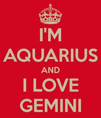 the words i'm aquarius and i love gemini written in white on a red background