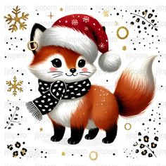 a red fox wearing a santa hat and scarf with snowflakes on it's back