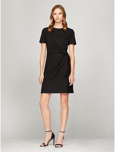 Short-Sleeve Knotted Stretch Dress | Tommy Hilfiger USA Chic Cotton Mini Dress With Tie Fastening, Relaxed Fit Cotton Short Sleeve Knee-length Dress, Knee-length Cotton Short Sleeve Dress With Relaxed Fit, Cotton Short Sleeve Dress, Knee-length, Relaxed Fit, Casual Knee-length Dress With Tie Fastening, Casual T-shirt Dress For Summer Workwear, Chic Short Sleeve Dress With Tie Fastening, Chic Cotton T-shirt Dress, Fitted Cotton Mini Dress With Tie Waist