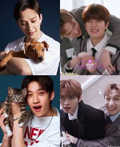 four pictures of young men with cats and dogs