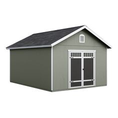 a small shed with the door open and windows on it's side, in front of a white background