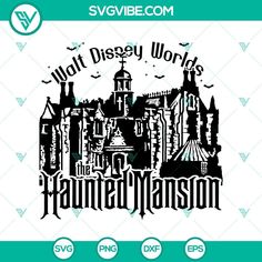 the logo for walt world's halloween mansion is shown in black and white on a green