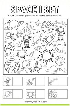 the space i spy worksheet for kids to learn how to write and color