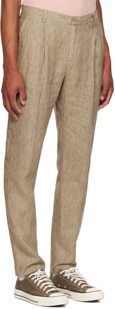 Lightweight relaxed-fit plain-woven linen trousers. · Belt loops · Three-pocket styling · Zip-fly · Pleats at front waistband Supplier color: Dark stone Beige Tapered Leg Linen Pants, Beige Linen Tapered Leg Pants, Flax Tapered Leg Pants With Pockets, Beige Linen Bottoms With Belt Loops, Beige Linen Pants With Belt Loops, Pleated Trousers, Linen Trousers, Women Wear, Trousers