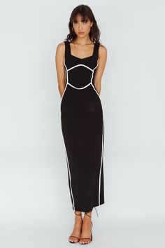 Shenae Piping Trim Maxi Dress Black Stretch Midi Length Lined Bodycon Dress, Stretch Lined Bodycon Midi Dress, Stretch Bodycon Midi Dress With Lining, Stretch Lined Maxi Dress For Night Out, Fitted Midi Dress With Contrast Trim, Fitted Lined Maxi Dress For Night Out, Chic Stretch Lined Bodycon Dress, Chic Stretch Bodycon Dress Lined, Chic Stretch Bodycon Dress With Lining