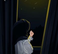 a person standing in front of a window looking out at the night sky and stars