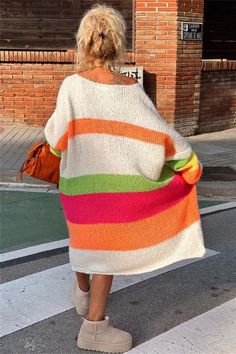 Features: Basic style Stretch: Moderate stretch Material composition: 100% polyester Care instructions: Machine wash cold. Tumble dry low. Imported Size Length Bust Sleeve Length Hip S/M 40.6 47.2 32.3 - L/XL 41.7 50.4 33.9 - Loose Sweater Dress, Loose Pullover Sweater, Rainbow Sweater, Fashion Cover, Long Sleeve Sweater Dress, Sweater Dress Midi, Women Sleeve, Fashion Fabric, Basic Style