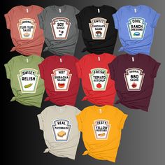 "Condiments Group T-Shirt, Funny Group Halloween Shirts, Group Costumes, Family Costumes, Family T-Shirts ⭐Please Check All Photos For Details.   ⭐Choose Your T-Shirt Size From The Drop-Down List   ⭐Choose Your T-Shirt Color    ⭐Use \"Add message to Seller\" link On The Checkout Page To Send me the important Details For Your Order's Customization.   ⭐Shipping Time Varies by location. Please consider that our turn around time is 1 to 3 business days. ⭐Which brand do you use for t-shirts? We use Gildan Soft Style, Bella Canvas Unisex,  Tees Factory, Hanes, Comfort Color District and Next Level when we have a shortage of stocks for certain colors and sizes.  Not all colors are always available. If you have a custom request from the color chart, please message me  for availability   ⭐How Do I Friend Group Of 7 Halloween Costumes, Novelty Crew Neck Top With Screen Print, Novelty Crew Neck Shirt With Screen Print, Novelty Tops With Funny Print And Crew Neck, Pop Culture Tops With Funny Print And Relaxed Fit, Pop Culture Tops With Funny Print In Relaxed Fit, Red Novelty Crew Neck T-shirt, Relaxed Fit Pop Culture Tops With Funny Print, Pop Culture Crew Neck Top With Funny Print