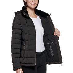 New With Tag Water Resistant And Cozy With Faux-Fur Trim, This Calvin Klein Puffer Coat Is An Essential For Chilly Days. Lined Zipper Pockets At Waist; Chest Zipper Pocket Stand Collar With Removable Hood; Zipper Closure At Front Water Resistant Imported Material & Care Faux-Fur Trim At Collar And Hood Lining Machine Washable Shell: Polyester/Spandex; Lining And Fill: Polyester; Faux Fur: Polyester Calvin Klein Woman, Calvin Klein Black, Puffer Coat, Womens Calvin Klein, Fur Trim, Stand Collar, Coats For Women, Winter Outfits, Calvin Klein