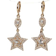 3ct Star Runway Celebrity Showstopping Prong Set Cubic Zircon Dangle Earrings Stones: High Quality Created Diamond Cubic Zirconias That Sparkle Glitter And Shine Like Real Diamonds. Metal: 18k Gold Filled And Gold Plated For Maximum Quality And Longevity. 100% Guarantee High Quality 100% Lead And Nickel Free 100% Hypoallergenic Earring Measurements: Length 2" Width 3/4" At Widest Point Blingdiamondsgold&Silver #Starearrings #Stars ##Universe #Yellowgold #Huggiehoops Hoops Yellowgold Goldfilled P Star-shaped Cubic Zirconia Jewelry With Matching Earrings, Elegant Star-shaped Crystal Earrings For Party, Elegant Star-shaped Sparkling Crystal Earrings, Elegant Star Charm Earrings For Party, Elegant Sparkling Star Crystal Earrings, Elegant Party Earrings With Star Charm, Elegant Star-shaped Sparkling Earrings, Star-shaped Cubic Zirconia Earrings For Party, Star Shaped Cubic Zirconia Earrings For Party